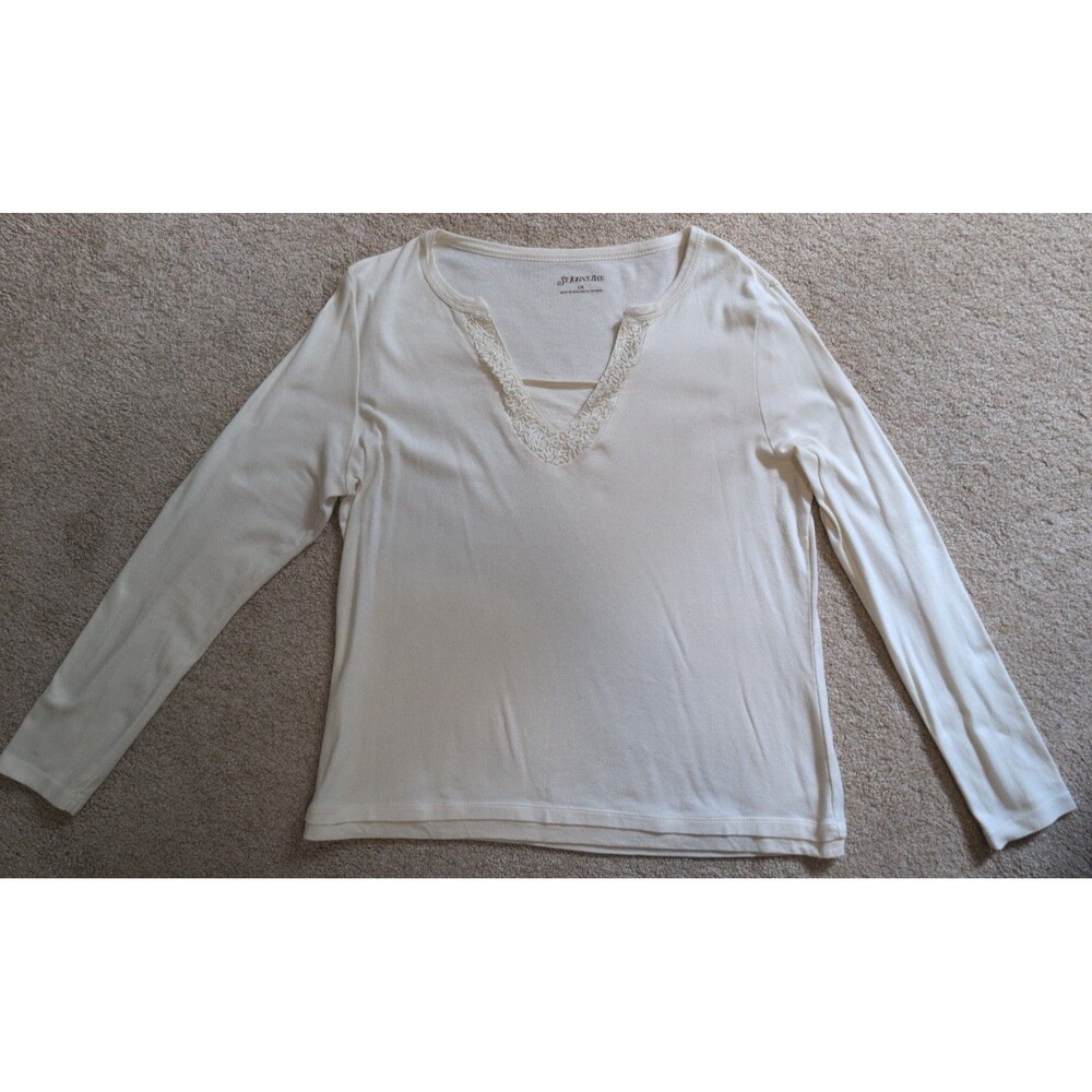 St Johns Bay Ivory Cream Beaded V-Neck Long Sleeve Cotton Top L